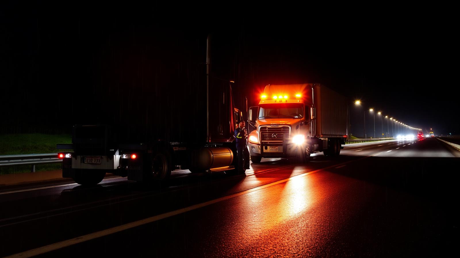 Technician assisting a broken-down semi-truck on a highway shoulder at night