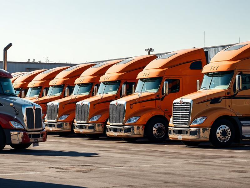 Fleet of commercial trucks lined up for scheduled maintenance